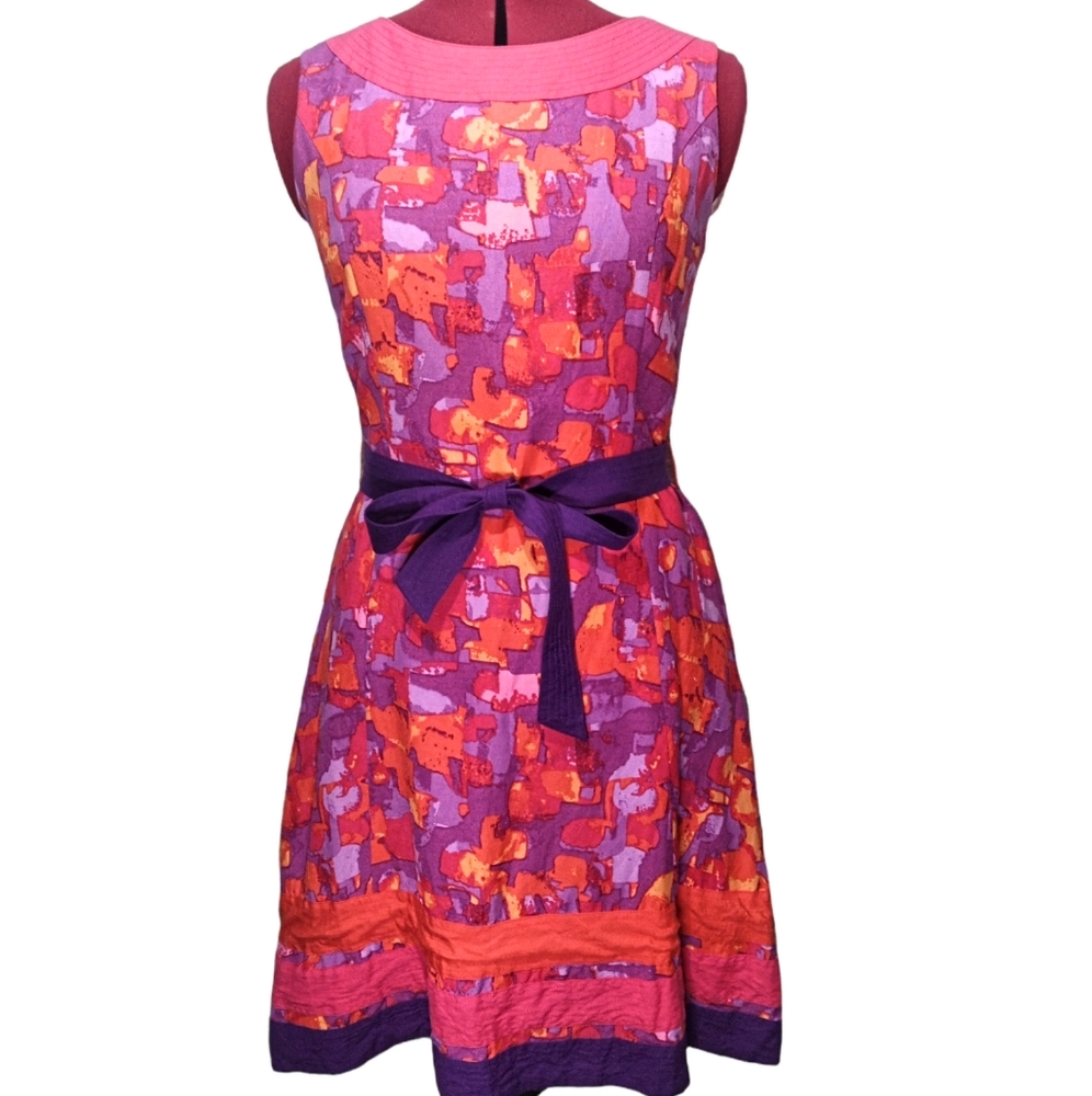 Appraisal Vintage Style Pink Orange A-line Belted Midi Dress Size 6